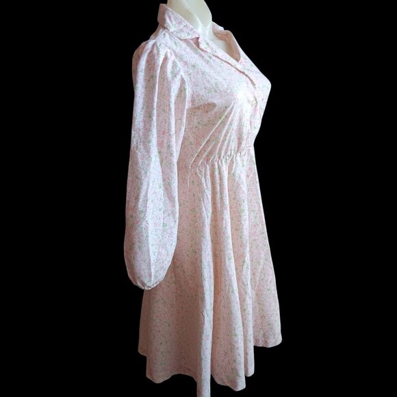 Vintage Women's Boho Dress S/M Jonis Pink Floral Long Sleeve USA 1970's Cottage - Picture 3 of 5